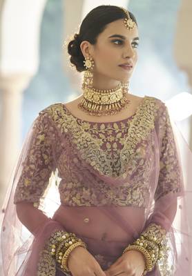 MAUVE SEQUINS AND DORI EMBROIDERED SOFT NET FESTIVE & PARTY WEAR SEMI STITCHED LEHENGA 2