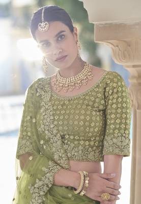 OLIVE SEQUINS AND DORI EMBROIDERED SOFT NET FESTIVE & PARTY WEAR SEMI STITCHED LEHENGA 2
