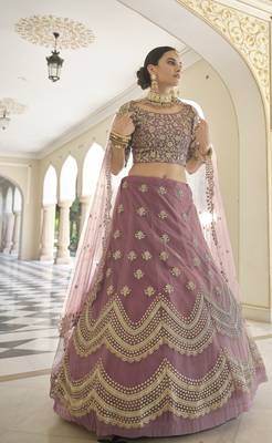 MAUVE SEQUINS AND DORI EMBROIDERED SOFT NET FESTIVE & PARTY WEAR SEMI STITCHED LEHENGA 3