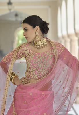 BABY PINK SEQUINS AND DORI EMBROIDERED SOFT NET FESTIVE & PARTY WEAR SEMI STITCHED LEHENGA 2