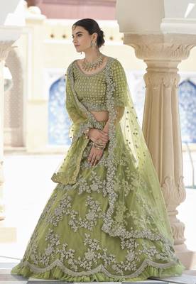 OLIVE SEQUINS AND DORI EMBROIDERED SOFT NET FESTIVE & PARTY WEAR SEMI STITCHED LEHENGA 3