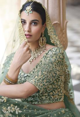 LIGHT GREEN SEQUINS AND DORI EMBROIDERED SOFT NET FESTIVE & PARTY WEAR SEMI STITCHED LEHENGA 2