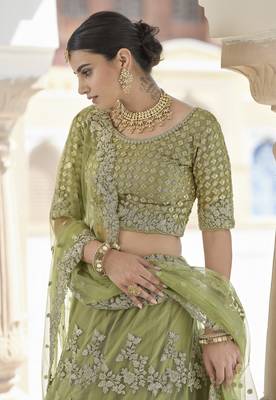 OLIVE SEQUINS AND DORI EMBROIDERED SOFT NET FESTIVE & PARTY WEAR SEMI STITCHED LEHENGA 4