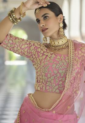 BABY PINK SEQUINS AND DORI EMBROIDERED SOFT NET FESTIVE & PARTY WEAR SEMI STITCHED LEHENGA 3