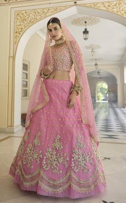 BABY PINK SEQUINS AND DORI EMBROIDERED SOFT NET FESTIVE & PARTY WEAR SEMI STITCHED LEHENGA 4