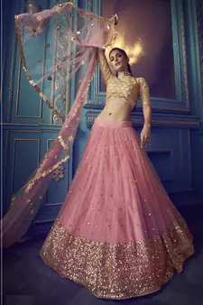 PINK SEQUINS AND DORI EMBROIDERED SOFT NET FESTIVE & PARTY WEAR SEMI STITCHED LEHENGA