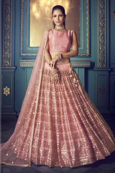 PINK SEQUINS AND THREAD EMBROIDERED SOFT NET FESTIVE & PARTY WEAR SEMI STITCHED LEHENGA