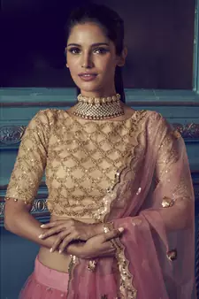 PINK SEQUINS AND DORI EMBROIDERED SOFT NET FESTIVE & PARTY WEAR SEMI STITCHED LEHENGA
