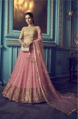PINK SEQUINS AND DORI EMBROIDERED SOFT NET FESTIVE & PARTY WEAR SEMI STITCHED LEHENGA 1