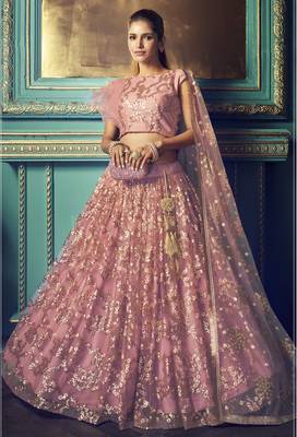 PURPLE SEQUINS AND THREAD EMBROIDERED SOFT NET FESTIVE & PARTY WEAR SEMI STITCHED LEHENGA 1