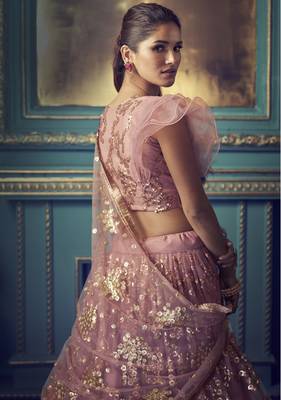 PURPLE SEQUINS AND THREAD EMBROIDERED SOFT NET FESTIVE & PARTY WEAR SEMI STITCHED LEHENGA 2