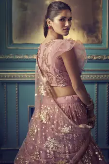 PURPLE SEQUINS AND THREAD EMBROIDERED SOFT NET FESTIVE & PARTY WEAR SEMI STITCHED LEHENGA