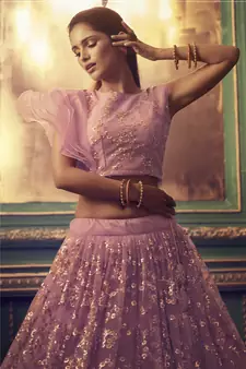 PURPLE SEQUINS AND THREAD EMBROIDERED SOFT NET FESTIVE & PARTY WEAR SEMI STITCHED LEHENGA