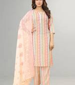 Peach Cotton Ikat Printed Stitched Kurta Suit Set