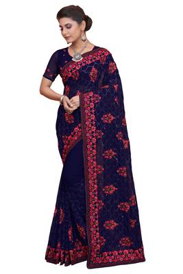 Navy blue embroidered georgette saree with blouse 1