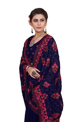 Navy blue embroidered georgette saree with blouse 2