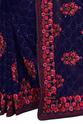 Navy blue embroidered georgette saree with blouse 3