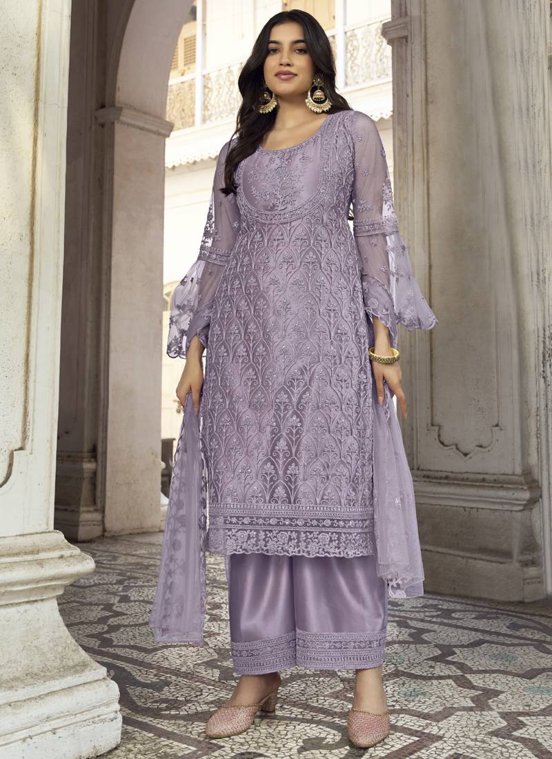 Lavender Heavy Butterfly Net Party Wear Suit