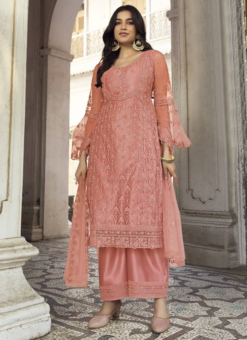 Dark Peach Heavy Butterfly Net Party Wear Suit