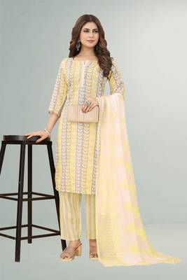 Yellow Cotton Ikat Printed Stitched Kurta Suit Set 5