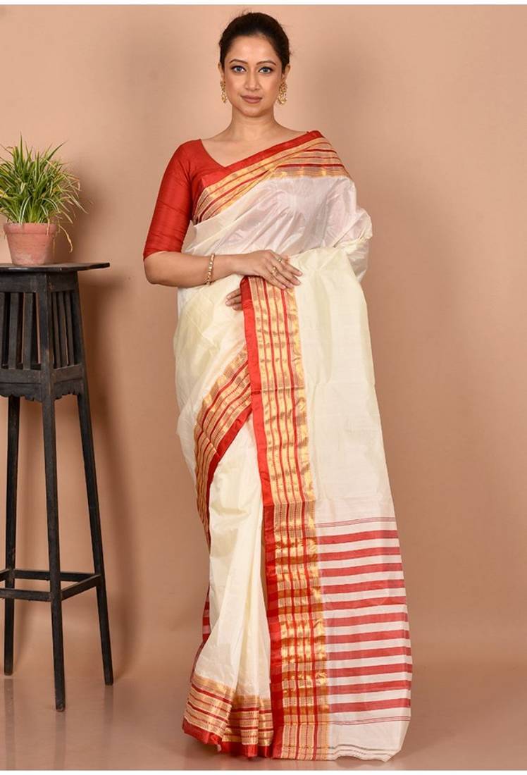 Cream Garad Silk Saree Without Blouse Piece