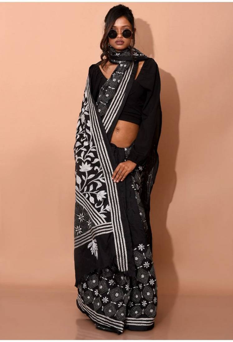 Black Kantha Stitch Silk Saree With Blouse Piece