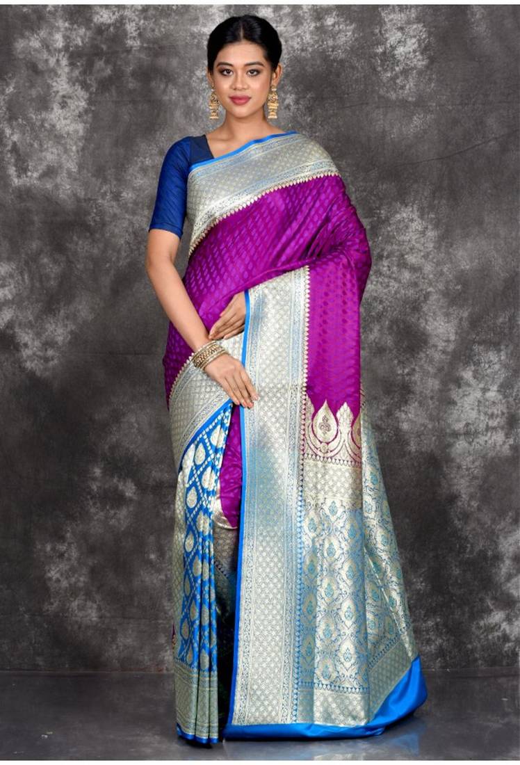 Purple Patli Pallu Banarasi Silk Saree With Blouse Piece