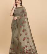 Brown embroidered net saree with blouse