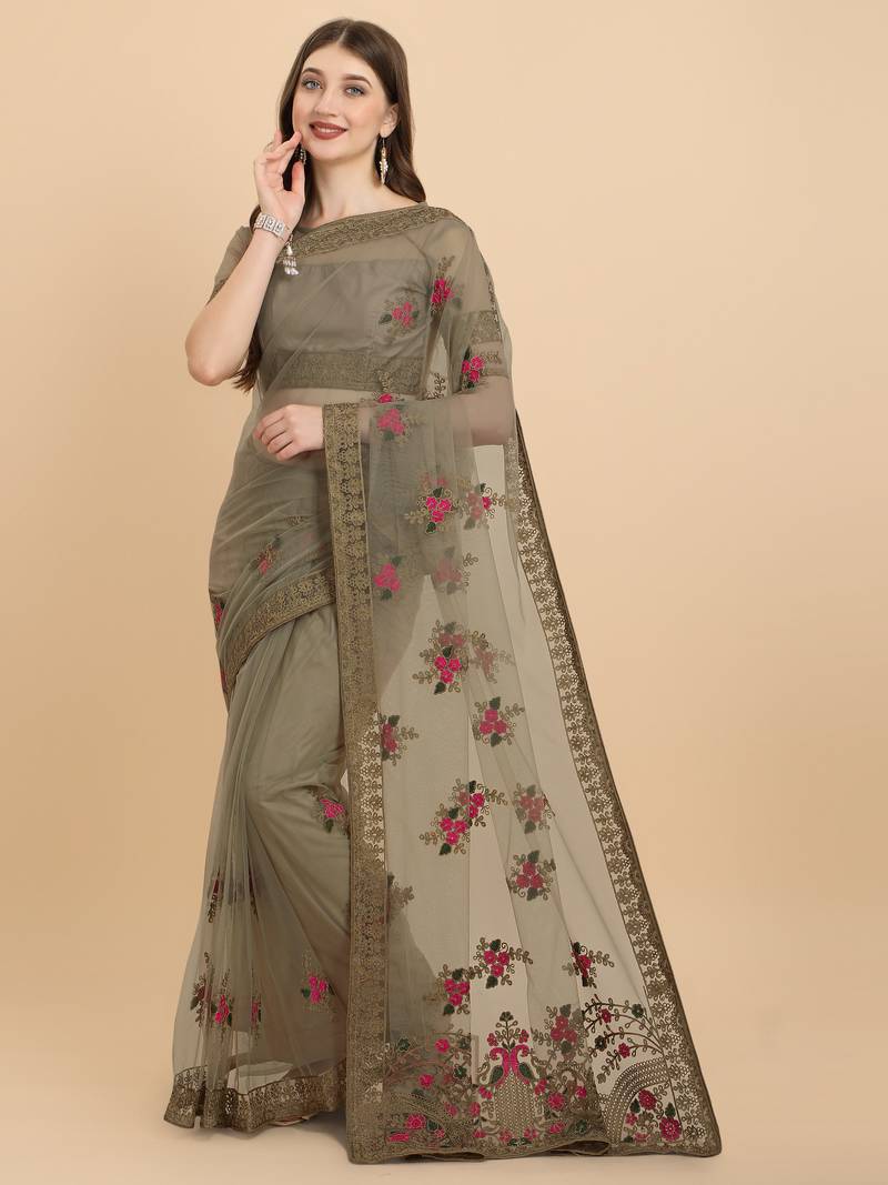 Brown embroidered net saree with blouse