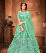 Sea-green embroidered net semi stitched lehenga