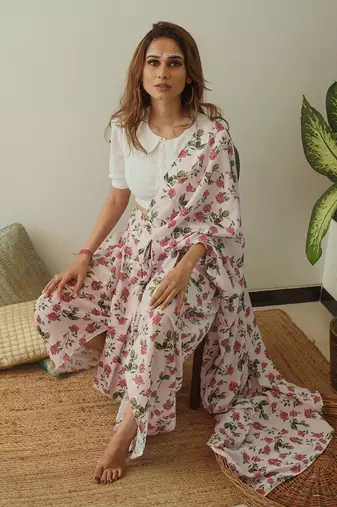 Soft Pink Berry Striped Dhoti Saree & Top Set Without Blouse