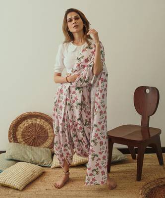 Soft Pink Berry Striped Dhoti Saree & Top Set Without Blouse 1
