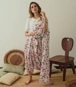 Soft Pink Berry Striped Dhoti Saree & Top Set Without Blouse