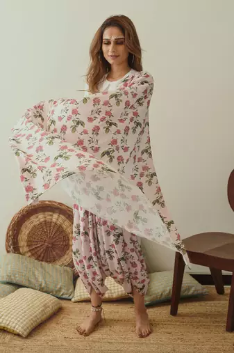 Soft Pink Berry Striped Dhoti Saree & Top Set Without Blouse