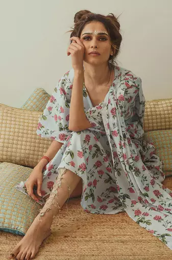 Iceberg Blue Kaftan Saree Without Blouse