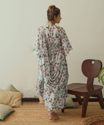 Iceberg Blue Kaftan Saree Without Blouse 4