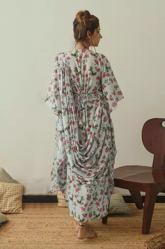 Iceberg Blue Kaftan Saree Without Blouse