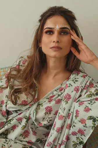 Sage Green Kaftan Saree Without Blouse