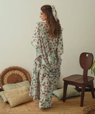 Sage Green Kaftan Saree Without Blouse 3
