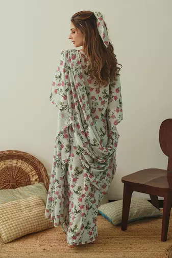 Sage Green Kaftan Saree Without Blouse