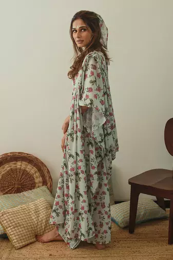 Sage Green Kaftan Saree Without Blouse