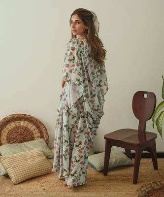 Sage Green Kaftan Saree Without Blouse 5