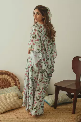 Sage Green Kaftan Saree Without Blouse