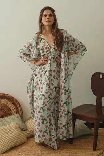 Sage Green Kaftan Saree Without Blouse