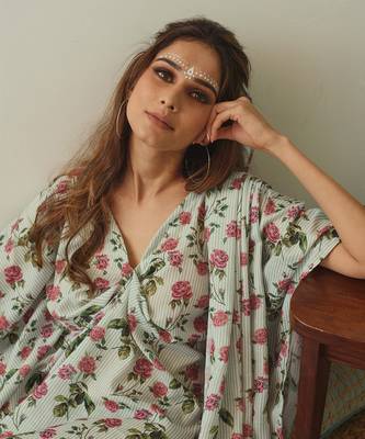 Sage Green Kaftan Saree Without Blouse 7