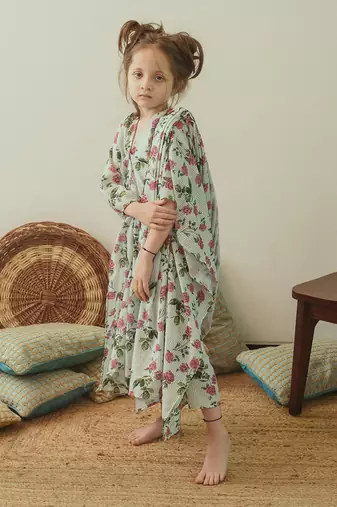 Sage Green Kaftan Saree Kidswear