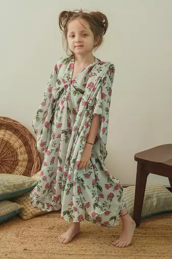 Sage Green Kaftan Saree Kidswear