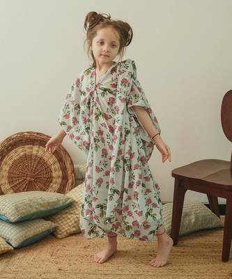 Sage Green Kaftan Saree Kidswear 1