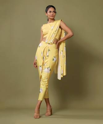 Yellow Floral Dhoti Saree & Top Set 1