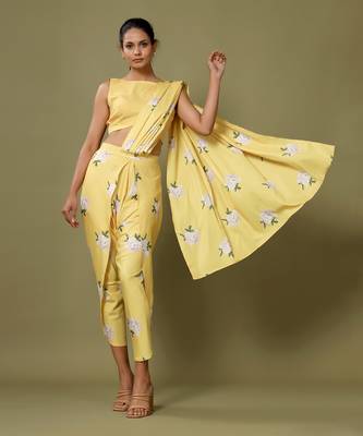 Yellow Floral Dhoti Saree & Top Set 2